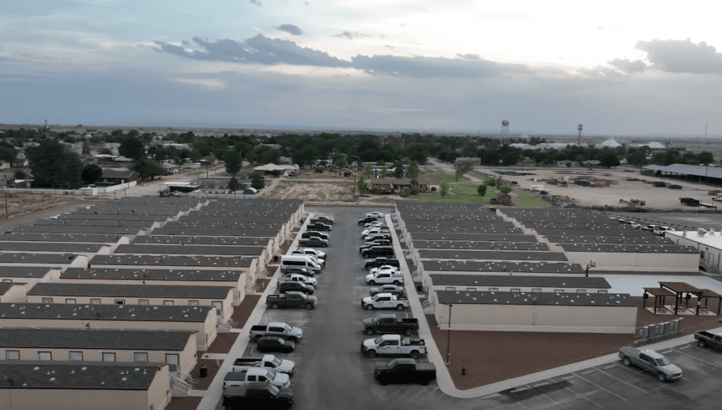 Overhead aerial shot of CHH Loving camp grounds including all the home units and parking lot