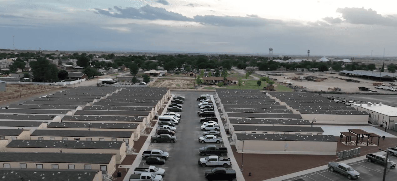 Overhead aerial shot of CHH Loving camp grounds including all the home units and parking lot