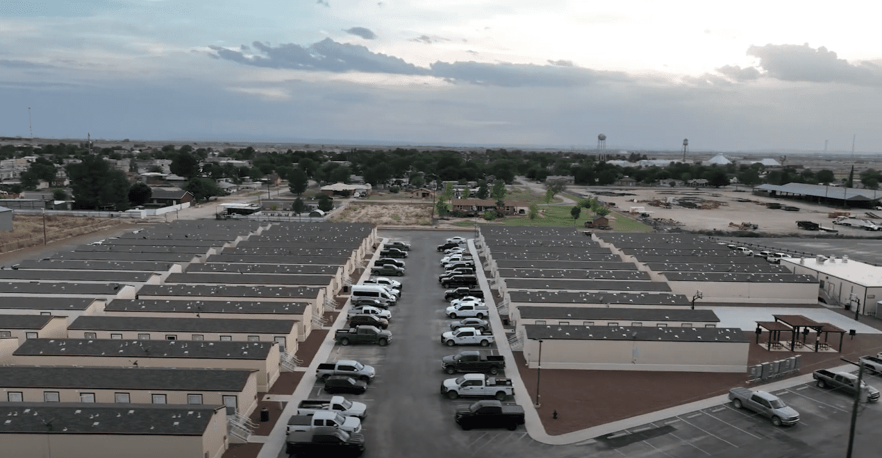 Overhead aerial shot of CHH Loving camp grounds including all the home units and parking lot