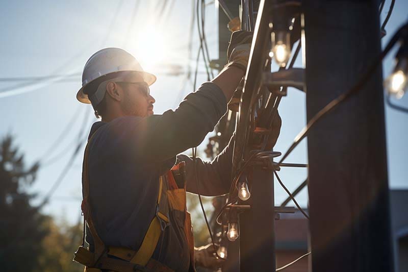 An image of a man working outside on electrical wires complete with hard hat and safety vest and a strapped on tool kit