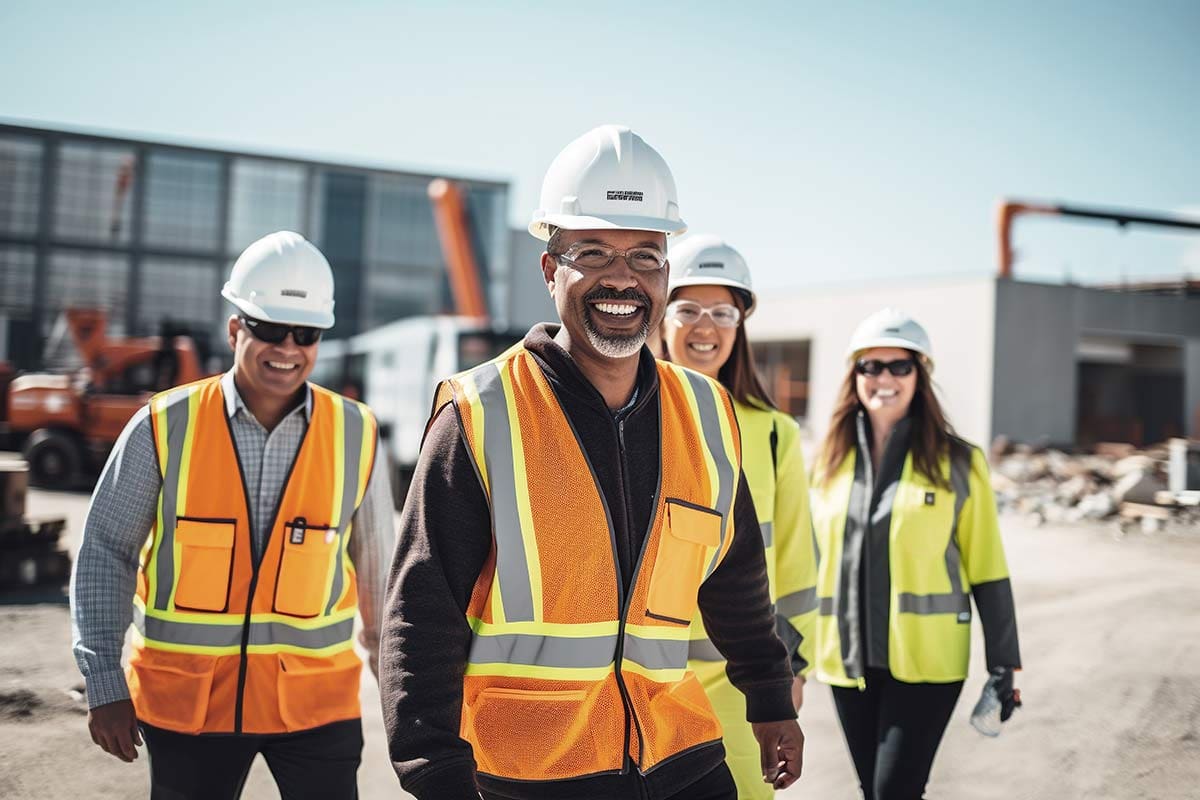 A picture of CHS people in a construction location, with two men and 2 women, all wearing hard hats, eye protection and neon safety vests